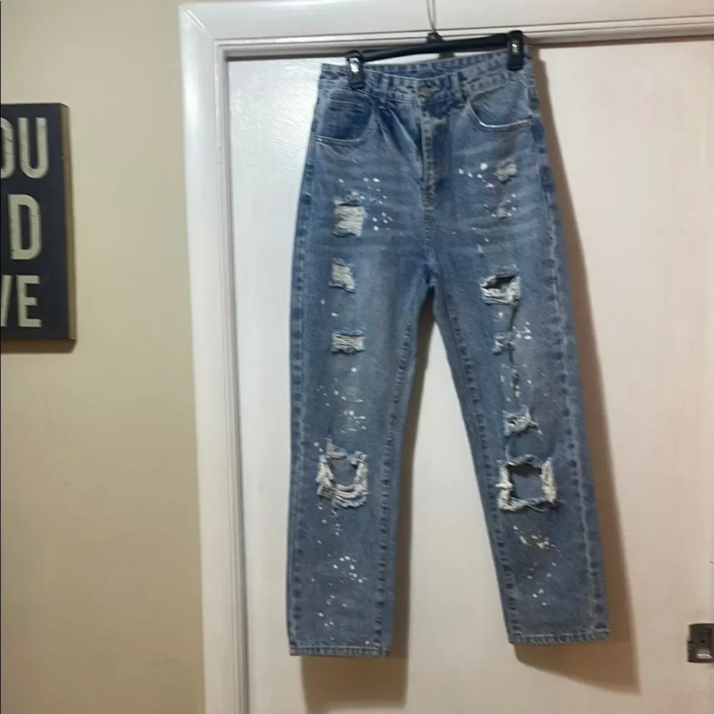 Trendy Blue Denim Jeans distressed, baggie, size medium